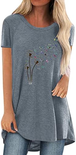 Kadın Karahindiba Çiçek Grafik Dupe Ince Tunikler Tops Crewneck Üst Kaşkorse T Shirt Kısa Kollu Salonu Üstleri