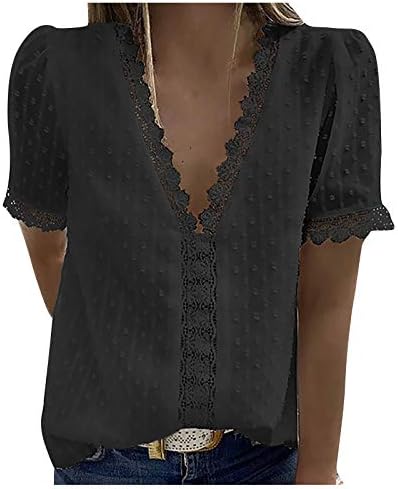 Kadınlar için üstleri Kısa Kollu / Kolsuz Dantel Jakarlı V Boyun T Gömlek Gevşek Casual Boho yazlık gömlek Temel Üst Bluzlar