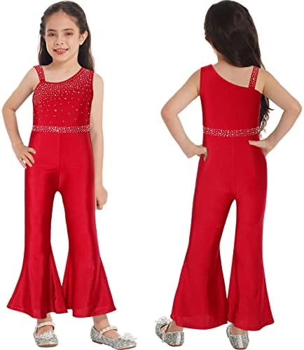 LiiYii Kız Çocuklar Tek Parça Dans Bodysuit Uzun Kollu Unitard Kostüm Parlak Sequins Çan Alt Uzun Pantolon