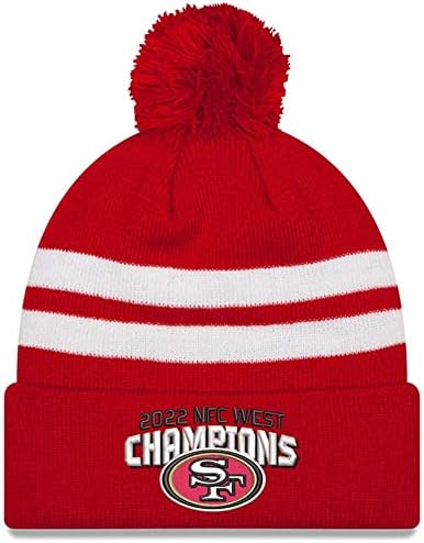 Yeni Dönem erkek Scarlet San Francisco 49ers 2022 NFC Batı Bölümü Şampiyonları Üst Şerit Kelepçeli Pom Örgü Şapka