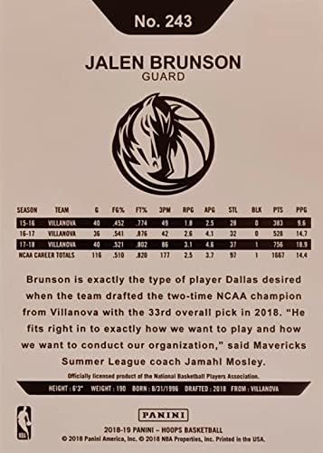 Jalen Brunson 2018 2019 ÇEMBERLER Basketbol Serisi Nane Çaylak Kartı 243 Onu Mavi Dallas Mavericks Formasıyla Resmediyor