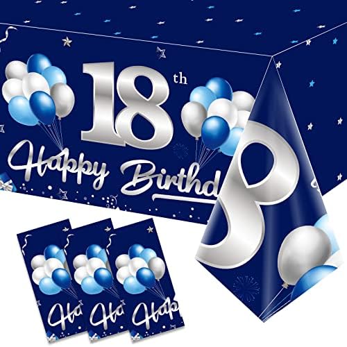 3 Paket Mavi Gümüş 18th Doğum Günü Masa Örtüsü Dekorasyon için Çocuk, Lacivert Mutlu 18 Masa Örtüsü Parti Malzemeleri, On