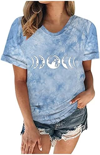 Bayan Güneş Ay Grafik Tops Vintage Yuvarlak Boyun Kısa Kollu Kravat Boya T Shirt Genç Kız Casual Tees