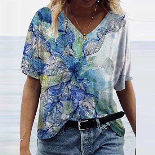 Kadın Moda Gömlek Her Yerinde Renkli Çiçek Baskılı T Shirt V Boyun Kısa Kollu Tee Üstleri Gevşek Fit Bluzlar