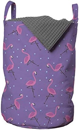 Ambesonne Flamingo Çamaşır Torbası, Pembe Egzotik Kuşlar Kız Tasarımlı Noktalı Mor Arka Plan, Çamaşırhaneler için İpli Kulplu