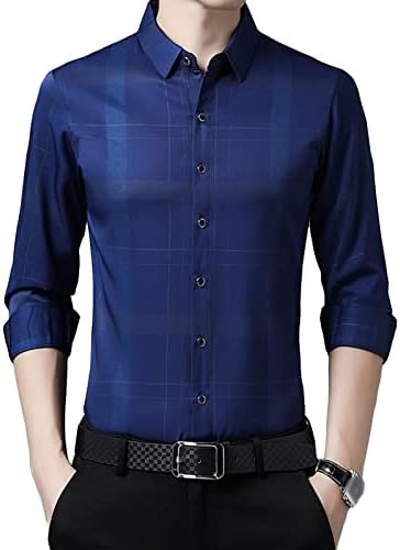 Erkek Ekose İş Elbise Gömlek Uzun Kollu Casual Düğme Gömlek Düzenli Fit Streç Kırışıklık Ücretsiz Gömlek
