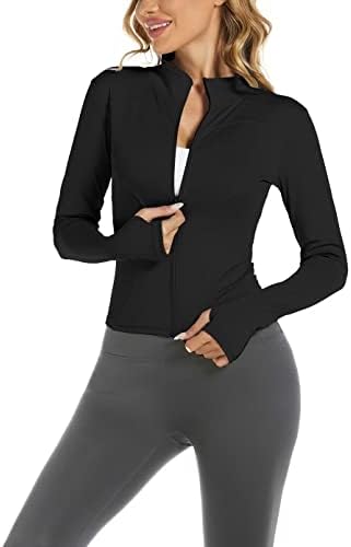 Aolpıoon kadın egzersiz ceketi Yoga Koşu Slim Fit Sıkı Tam Zip Atletik Ceketler Kırpılmış Üst Başparmak Delikleri ile