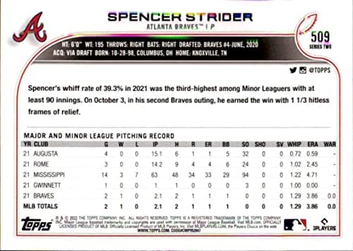 2022 Topps 509 Spencer Strider NM-MT RC Çaylak Atlanta Braves Beyzbol RC