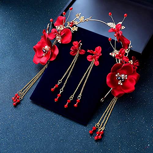 ASDFGH Trendy 3 adet / takım Kırmızı Inci çiçekli saç bantları Kadınlar ıçin Gelin Püsküller Tiara Hairband Çin Düğün Gelin