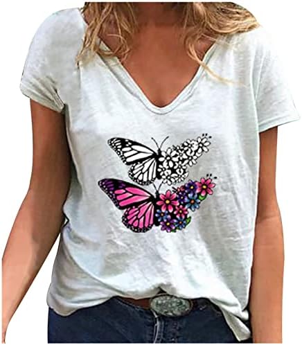 Blusa de Manga Corta para Mujer Camiseta 2023 con Estampado de mariposas Camisetas con Cuello en V Camiseta de Tela
