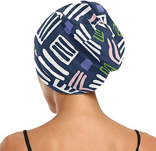 Kafatası Kap Uyku Kap Çalışma Şapka Bonnet Beanies Kadınlar için Çizgili Geometrik Ekose Modern Soyut Donanma Uyku Kap Çalışma