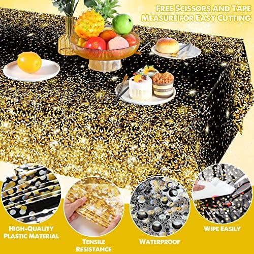 4 Paket Siyah ve Altın Masa Örtüleri Siyah ve Altın Masa Örtüsü 54 x 108 inç Altın Nokta Konfeti Plastik Masa Örtüleri Mezuniyet