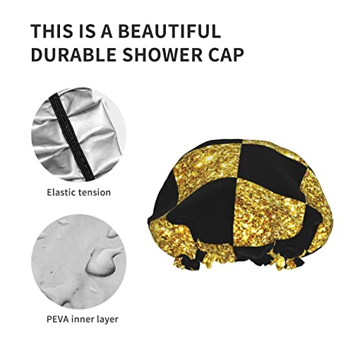 Kadınlar Kullanımlık Streç Hem Saç Şapka Klasik Altın Glitter Siyah Damalı Çift Katmanlar Su Geçirmez Duş Başlığı banyo bonesi