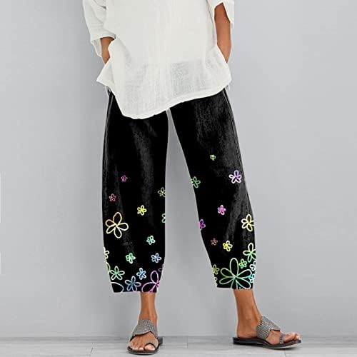 Kapri pantolonlar Bayan Pamuk Keten Geniş Bacak Kapriler kadın Yaz Sanat Çiçek Plaj Elastik Bel Baggy Kırpılmış Pantolon