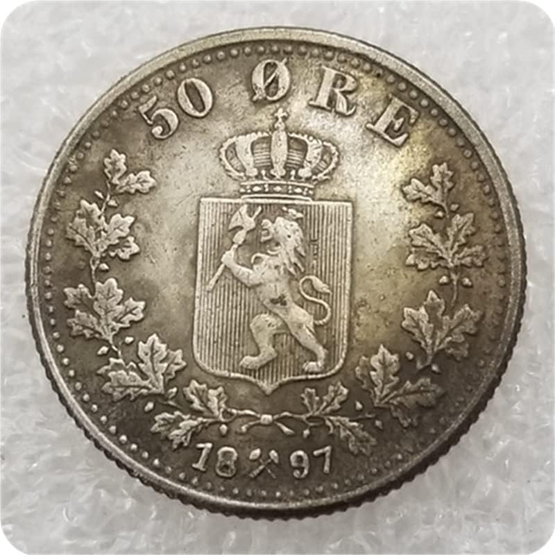 Antika El Sanatları Norveç 1897 Norveç 50 Cevher Gümüş Dolar