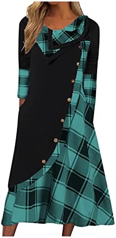 NOKMOPO Parti Elbise Kadınlar için Artı Boyutu Moda Ekose Dikiş Düğme Cepler Boyun Uzun Kollu Elbise
