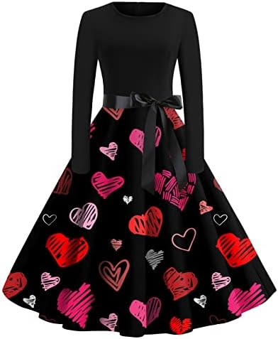 Sevgililer Günü Hediyeleri Onun için kadın Uzun Kollu 1950s Vintage Kokteyl Salıncak Elbiseler Kalp Baskı Önlük Elbise