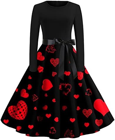 Sevgililer Günü Hediyeleri Onun için kadın Uzun Kollu 1950s Vintage Kokteyl Salıncak Elbiseler Kalp Baskı Önlük Elbise