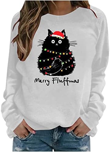 TUNUSKAT Bayan Komik Noel Kazak Mutlu Fluffmas Uzun Kollu Gömlek Sevimli Siyah Şişman Kedi Grafik Tees Sevimli Noel Tops
