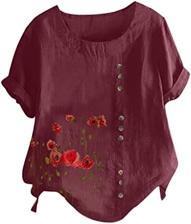 Wenını Bayan Üstleri Keten Gömlek-Kadın Kısa Kollu Üstleri Rahat Yuvarlak Boyun Baskı Gevşek Düğme Tunik Gömlek Bluz Tops