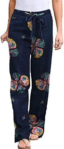 Maiyifu-GJ Kadınlar Çiçek Baskı Keten Kuşaklı Pantolon Elastik Yüksek Bel Baskılı Hippi Pantolon Rahat Plaj Geniş Bacak Salonu