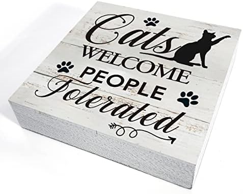Komik Kediler Hoş Geldiniz İnsanlar Tolere Ahşap kutu işareti masa dekoru Rustik Kedi Ahşap Blok Plak kutu işareti Ev Oturma