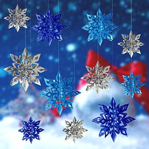 18 Adet 3D Asılı Noel Kar Tanesi Süslemeleri, kış Mavi Gümüş Dondurulmuş Tema Kağıt Kar Taneleri Süsler Garland Buz Prenses